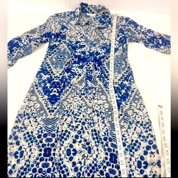 CAbi blue Jewel print button up shirt dress style # 422 roll tab sleeves… - Picture 8 of 11